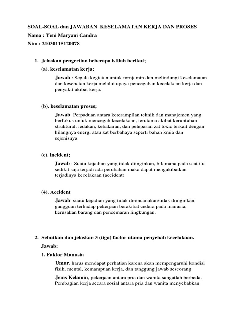 Soal Soal Dan Jawaban Keselamatan Kerja Dan Proses
