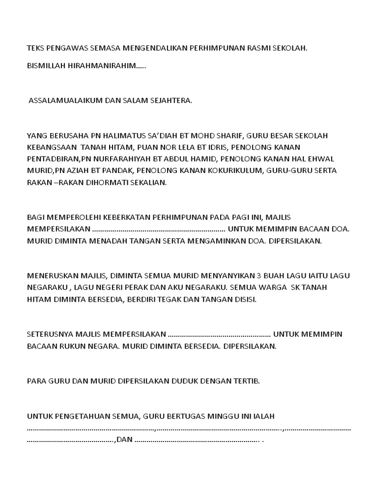 Teks Pengawas Semasa Mengendalikan Perhimpunan Rasmi Sekolah Pdf