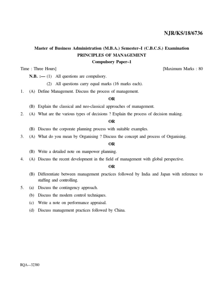 MBA Principles of Management Exam Guide | PDF