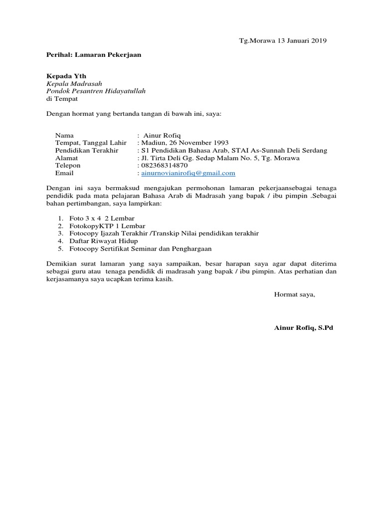 Contoh Surat Lamaran Kerja Ke Pondok Pesantren Delinewstv