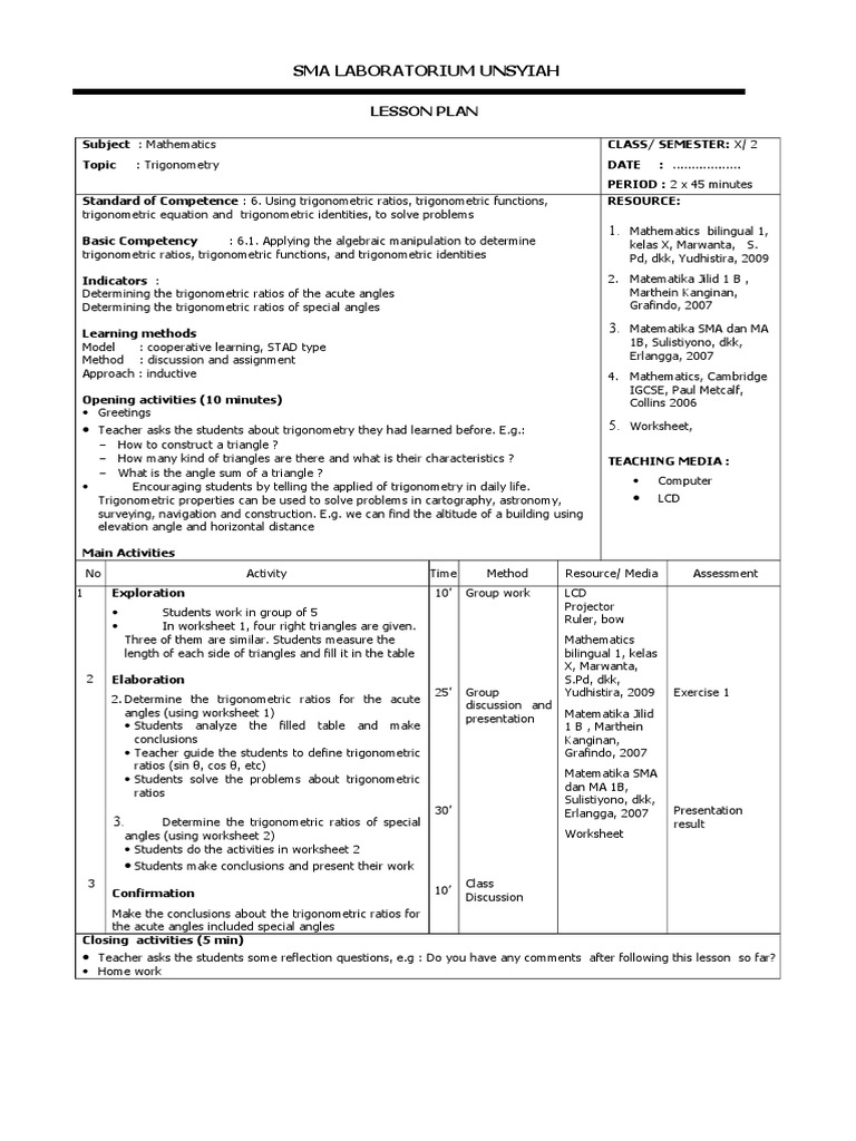 Lesson Plan Trigonometry Trigonometric Functions Trigonometry