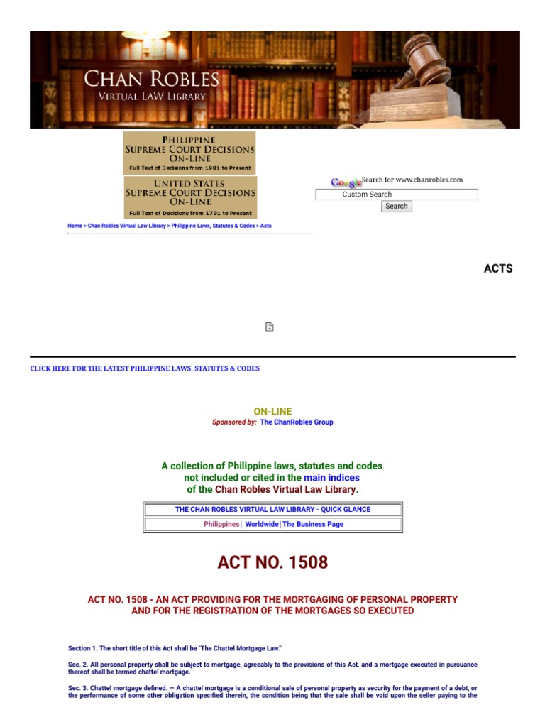 ACT NO. 1508 A Collection of Philippine Laws, Statutes and Codes Not