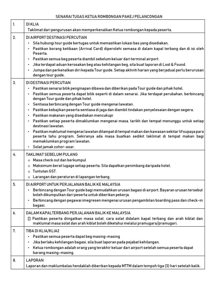 Senarai Tugas Ketua Rombongan Pakej Pelancongan | PDF