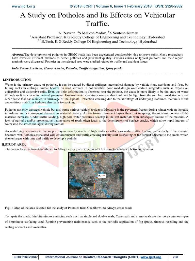 A Study On Potholes and Its Effects On Vehicular Traffic | PDF | Road ...