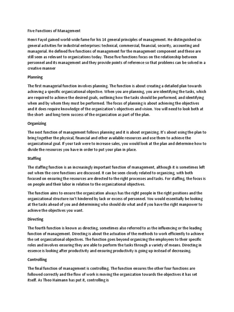 Five Functions of Management | PDF | Human Resources | Goal