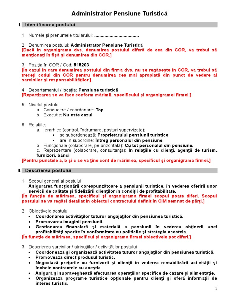 Administrator Pensiune Turistica