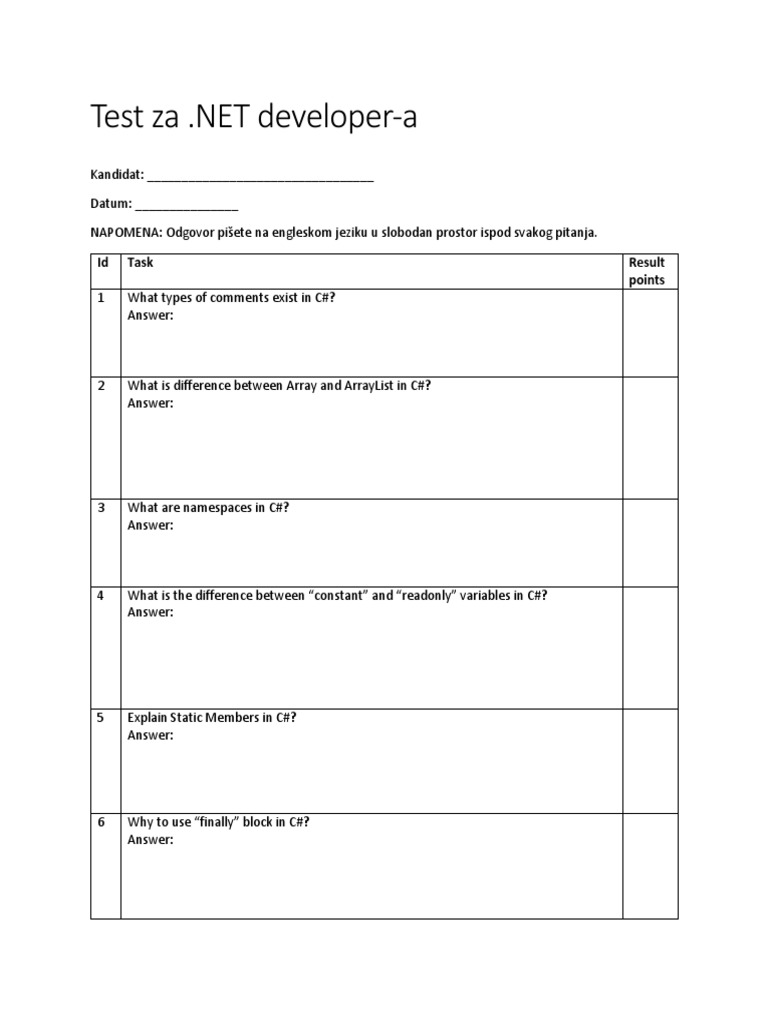 .NET Developer Test Questions | PDF | Teaching Methods & Materials