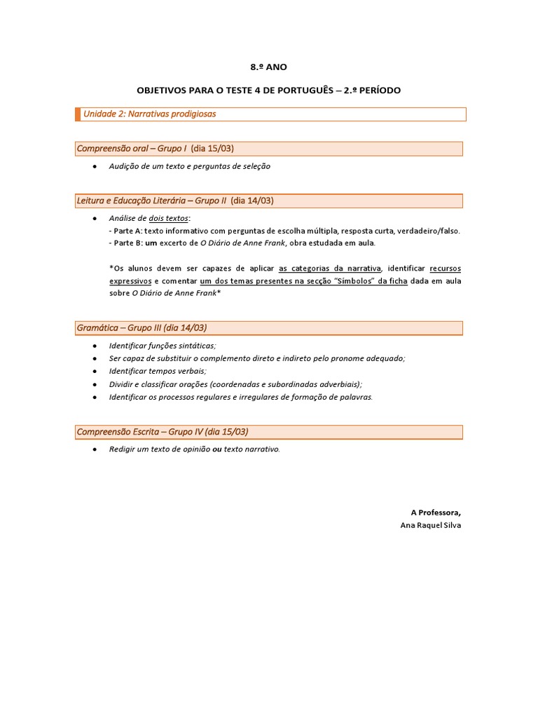 Objetivos Teste 4 Português 8.º Ano | PDF | Artes Linguísticas e Disciplina