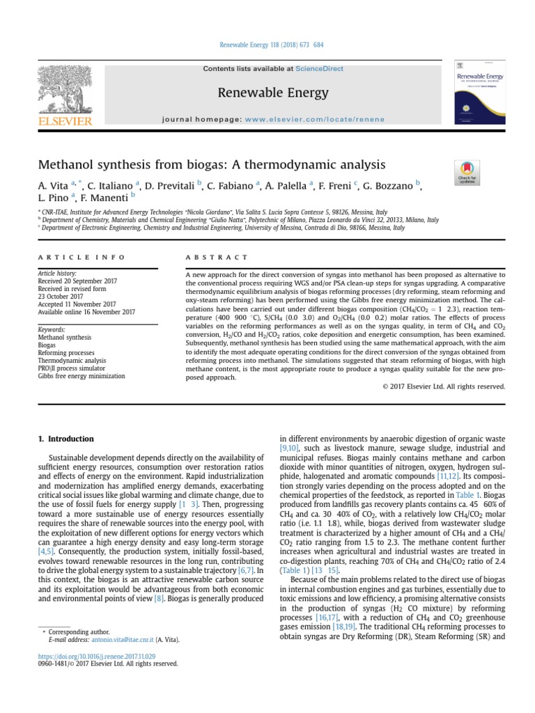 Methanol Synthesis From Biogas A Thermodynamic Analysis | PDF | Methane ...