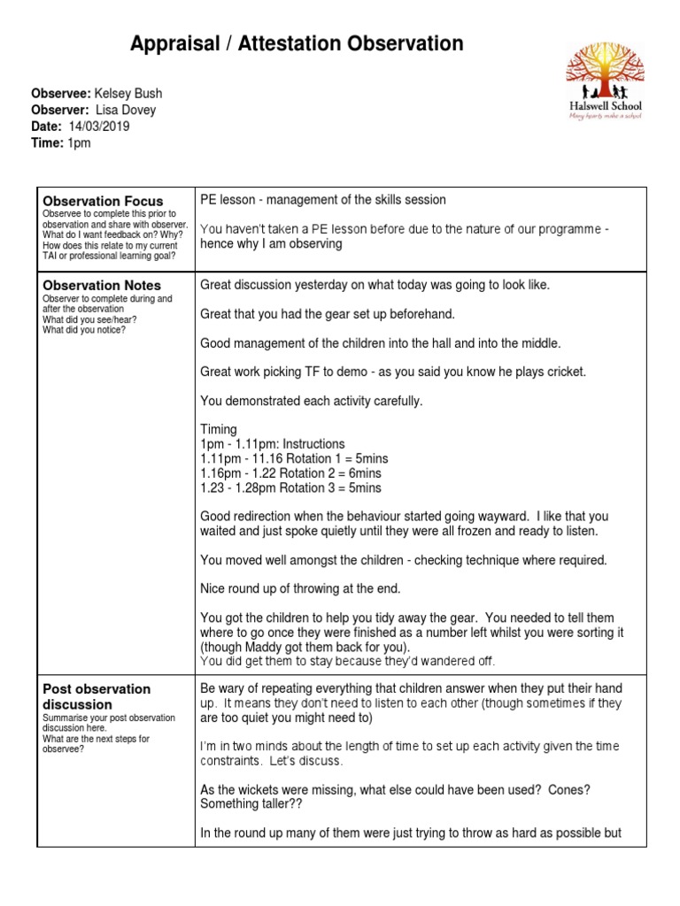 PE Lesson Observation Report | PDF