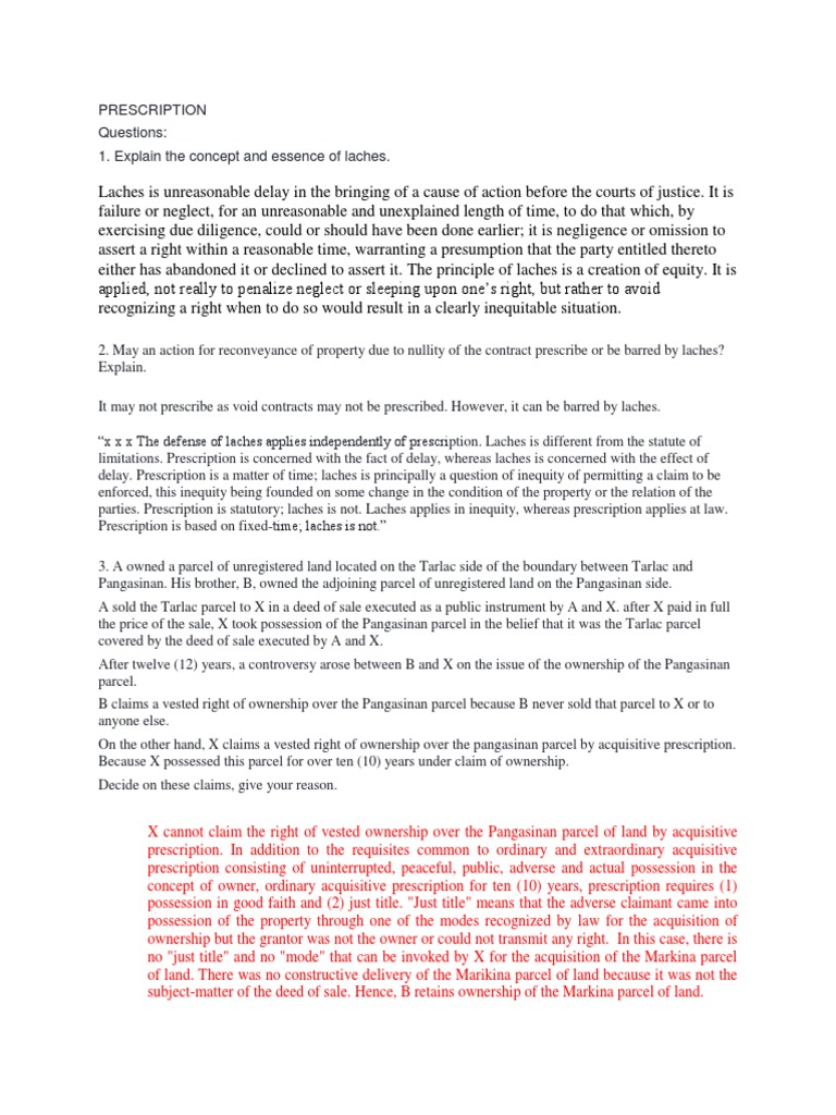 Prescription Questions 1. Explain The Concept and Essence of Laches