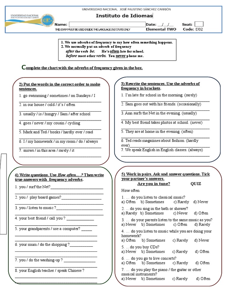 Adverbs of Frequency Exercises | PDF | Adverb | Linguistic Typology