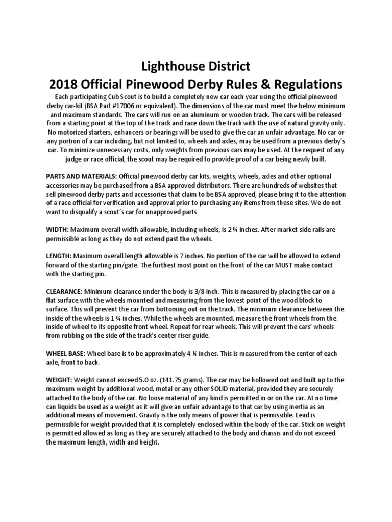 2018 Pinewood Derby Rules PDF Wheeled Vehicles Car