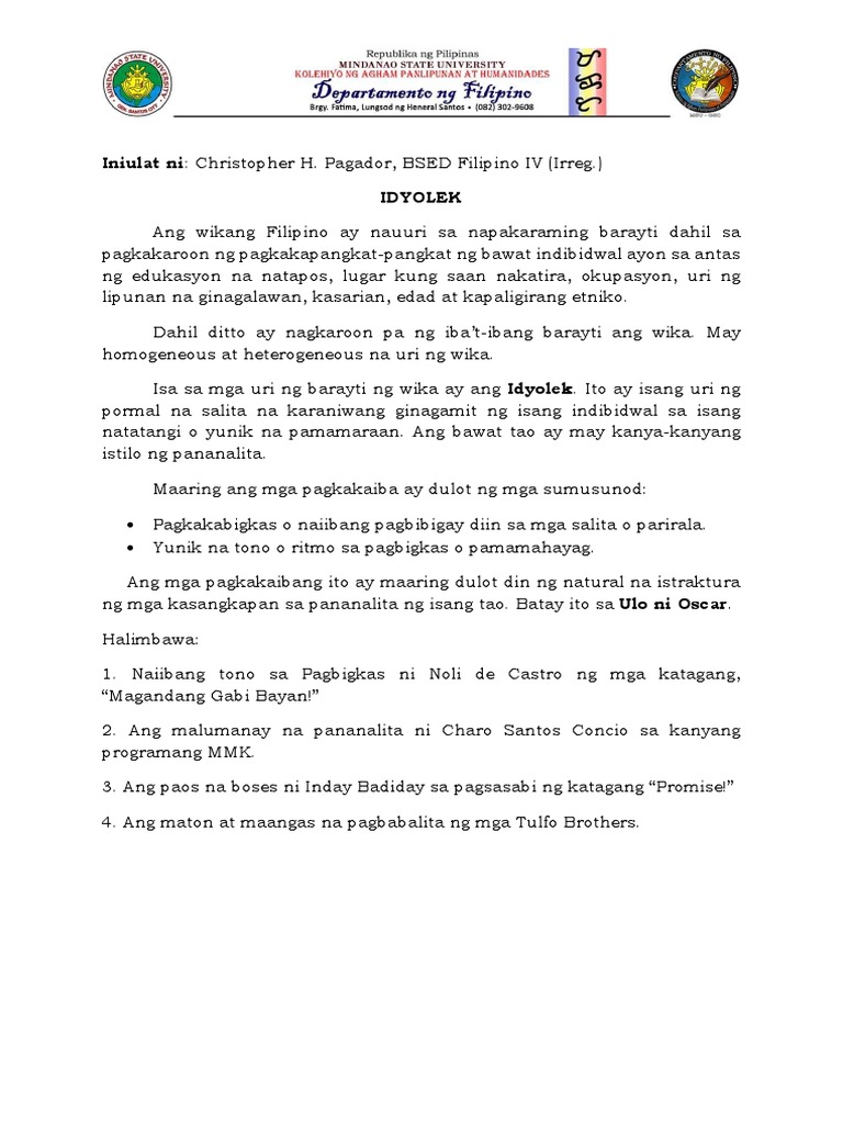 Idyolek Ulat Ni Christopher Pagador | PDF