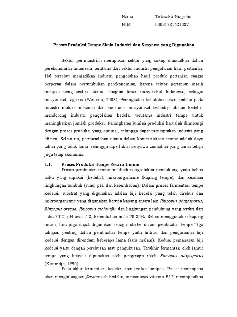 Proses Produksi Tempe Skala Industri Dan Senyawa Yang