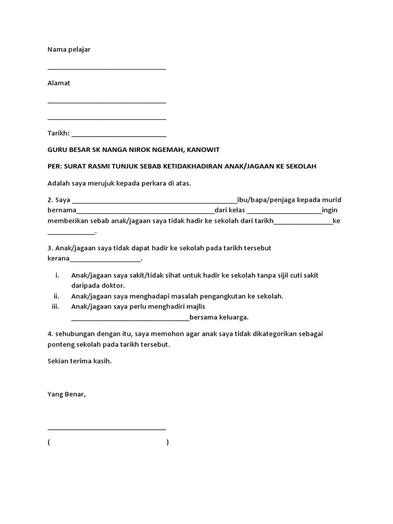 Surat Kebenaran Tidak Hadir Ke Sekolah Pdf