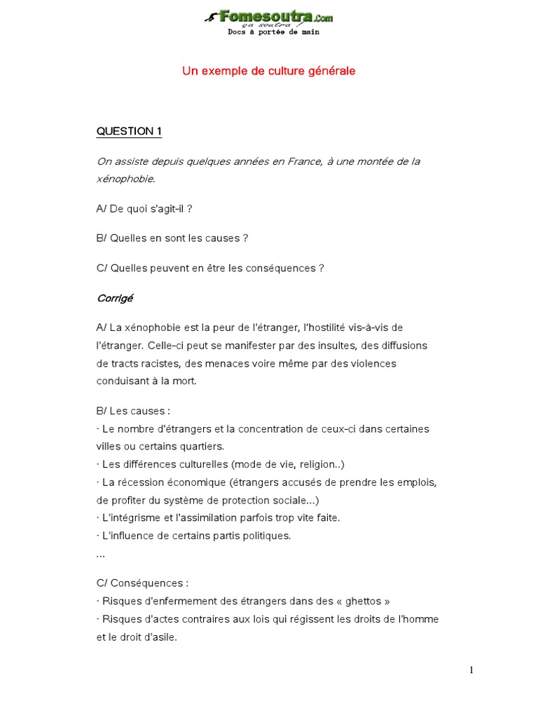 Sujet Et Corrigé Du Concours D aide Soignante Pdf Sujets Corrigés de Culture Générale - Concours ENA | PDF | Xénophobie |  Alcoolisme