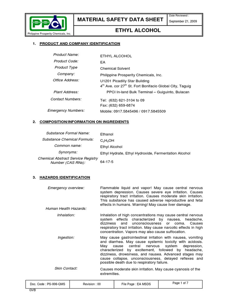 Material Safety Data Sheet Ethyl Alcohol 1. Product and Company Identification PDF