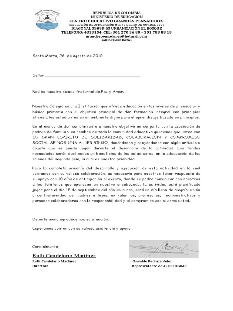 Carta Bingo Solicitud