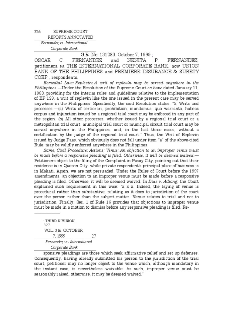 Supreme Court Ruling on Replevin Case | PDF | Writ | Pleading
