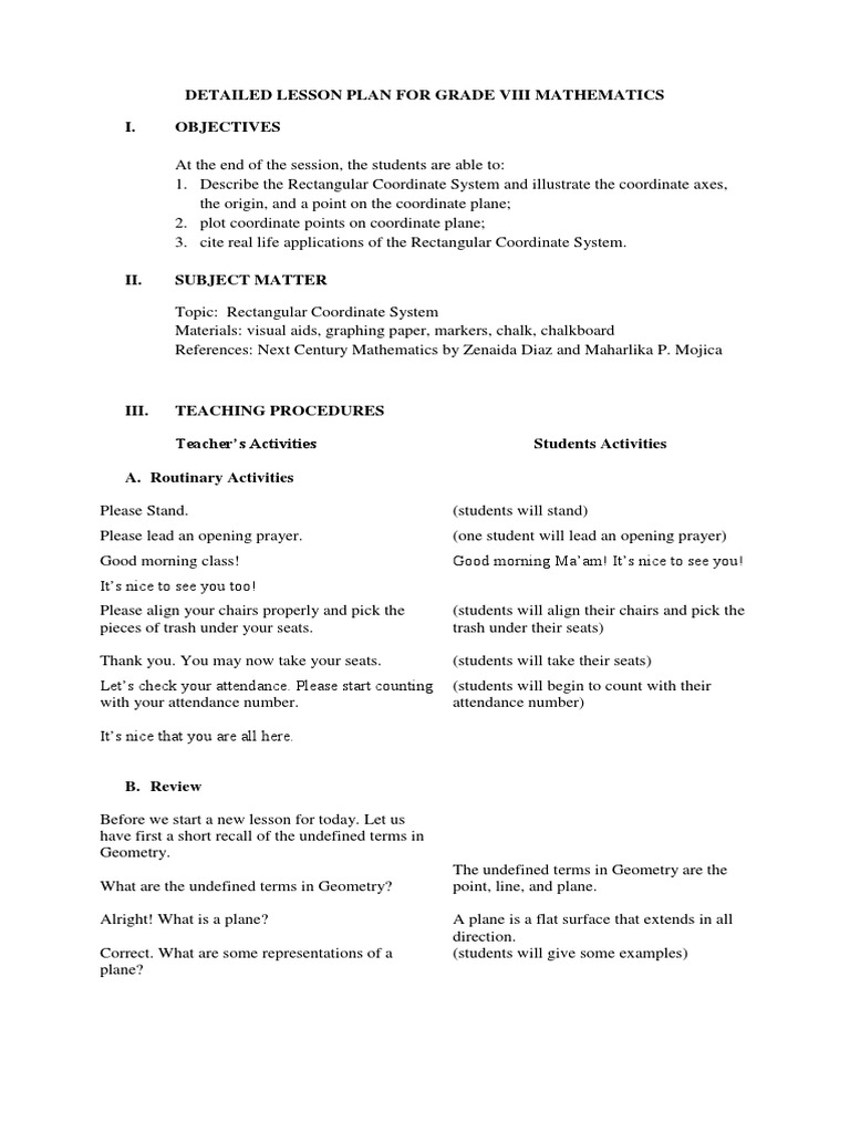 Detailed lesson plan for grade viii mathematics i. objectives ...