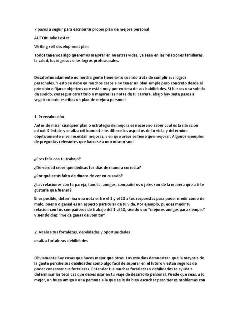 7 Pasos A Seguir para Escribir Tu Propio Plan de Mejora Personal | PDF ...