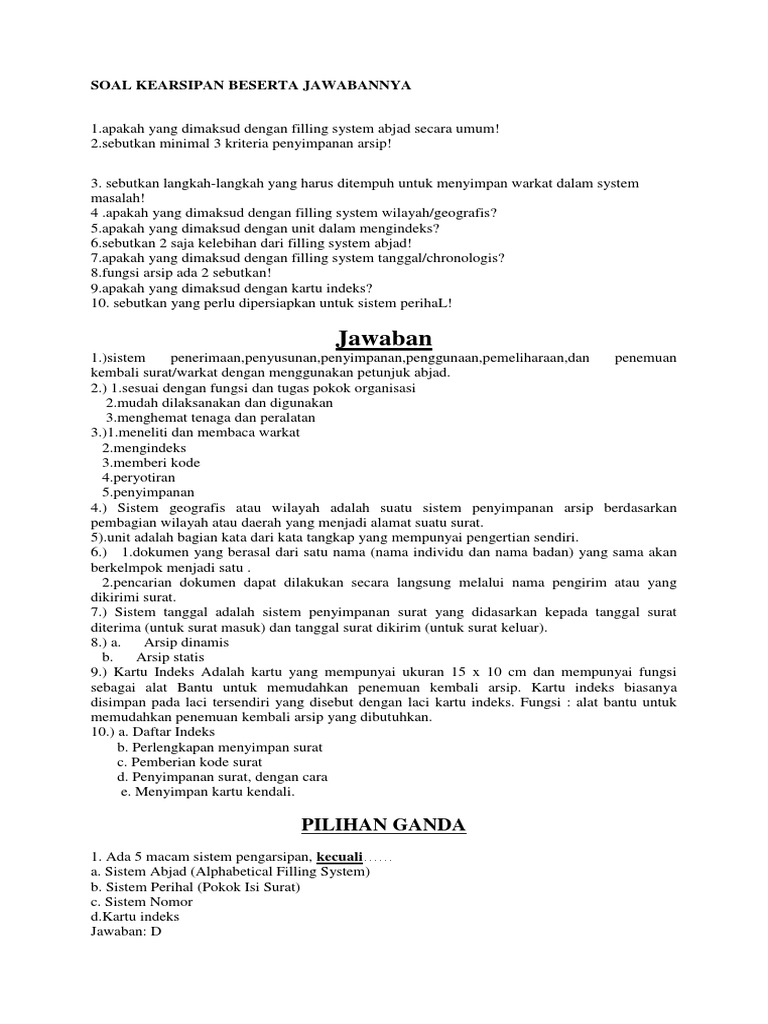 Soal Kearsipan Beserta Jawabannya