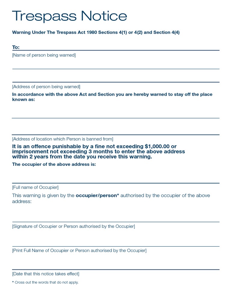 NZ Trespass Notice Form Morality Common Law