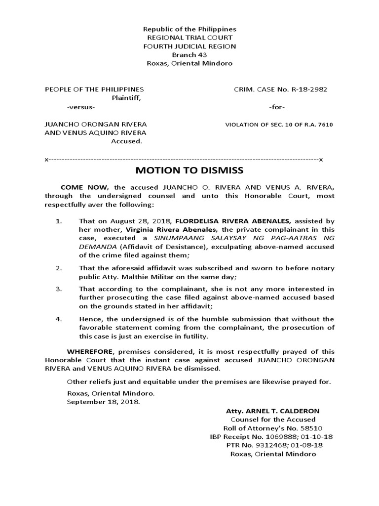 Motion to Dismiss Criminal Case R-18-2982 | PDF | Prosecutor ...