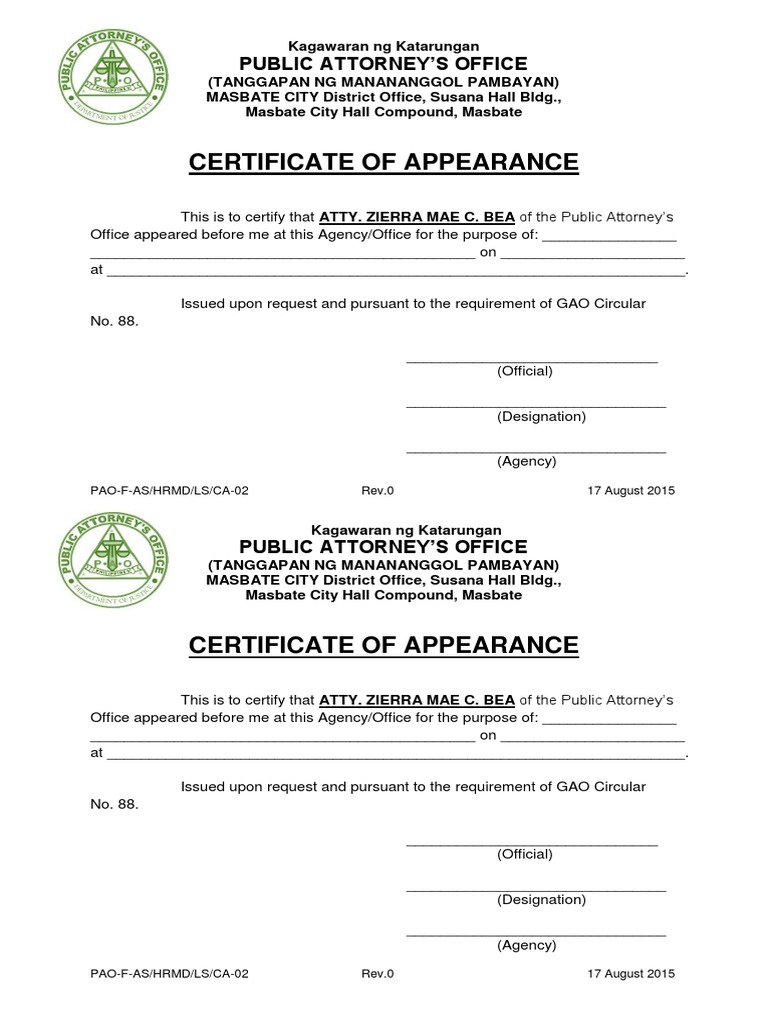 Certificate of Appearance for PAO Attorney | PDF | Finance & Money ...