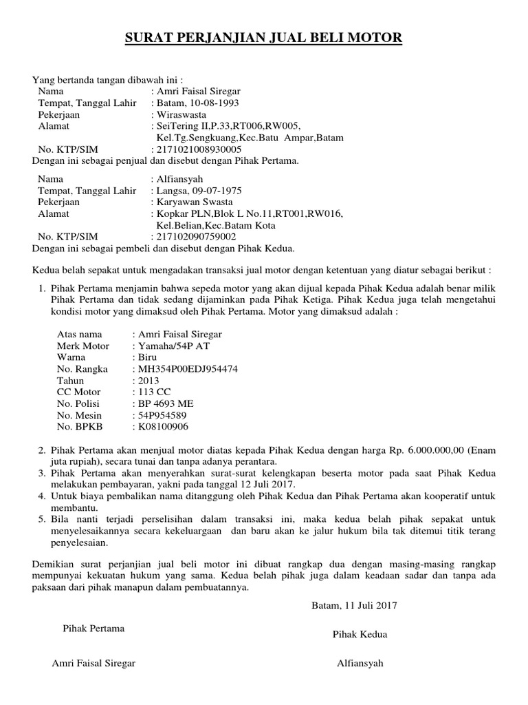 Contoh Surat Jual Beli Motor
