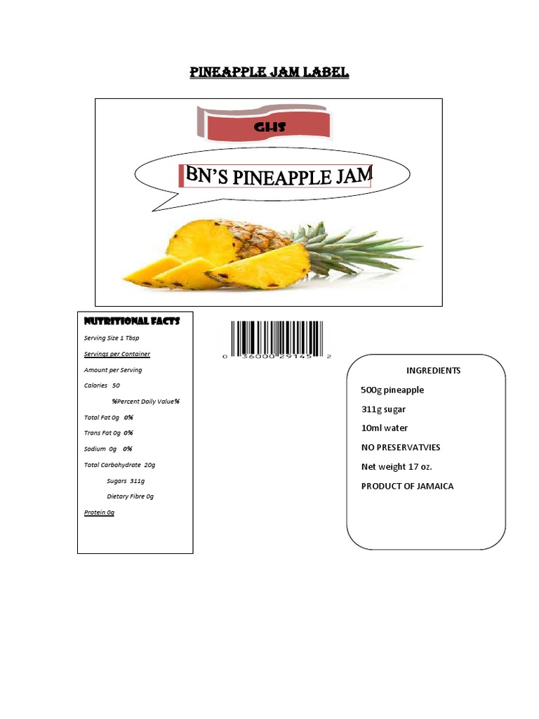 Pineapple Jam Label Nutritional Facts PDF