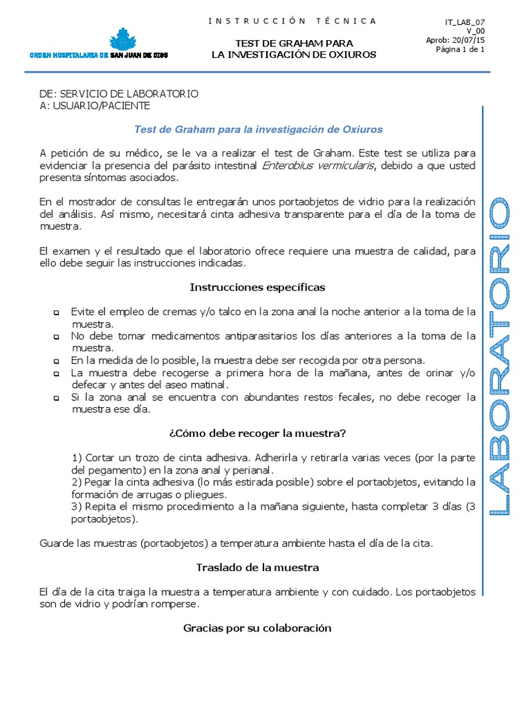 Instrucción para Test de Graham - Oxiuros - 00 | PDF | Ciencias de la ...