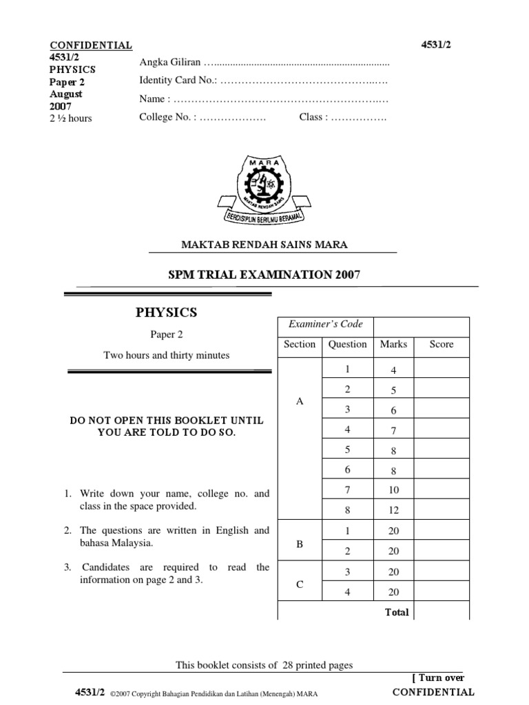 SPM Percubaan 2007 MRSM Physics Paper 2