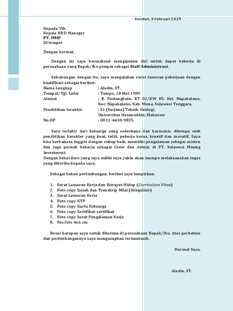Aladin Surat Lamaran Kerja Pt Imip