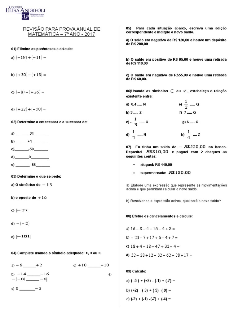 Revisão Anual de Matemática - 7º Ano | PDF | Números | Equações