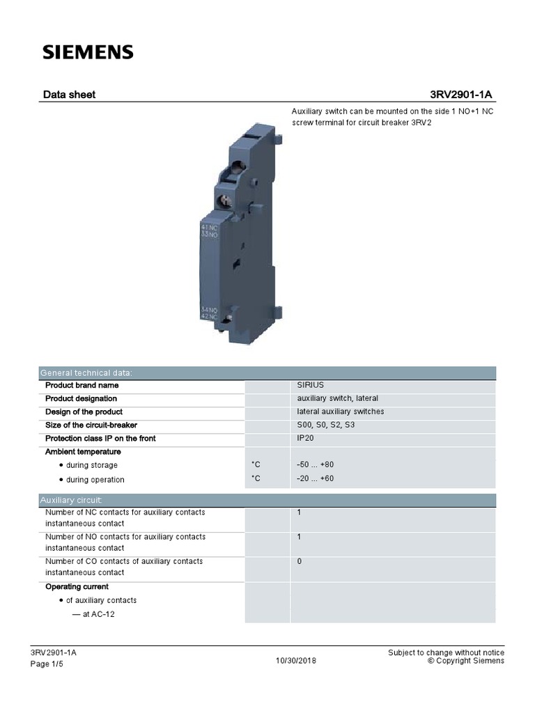 3RV2901-1A, Siemens, Auxiliary switch | ELTRA TRADE