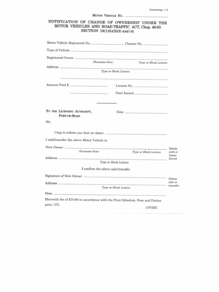 Trinidad & Tobago Licensing Office Change of Ownership Form PDF