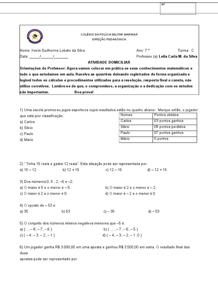 Números Inteiros - Sétimo Ano | PDF | Celsius | Ensino de Matemática