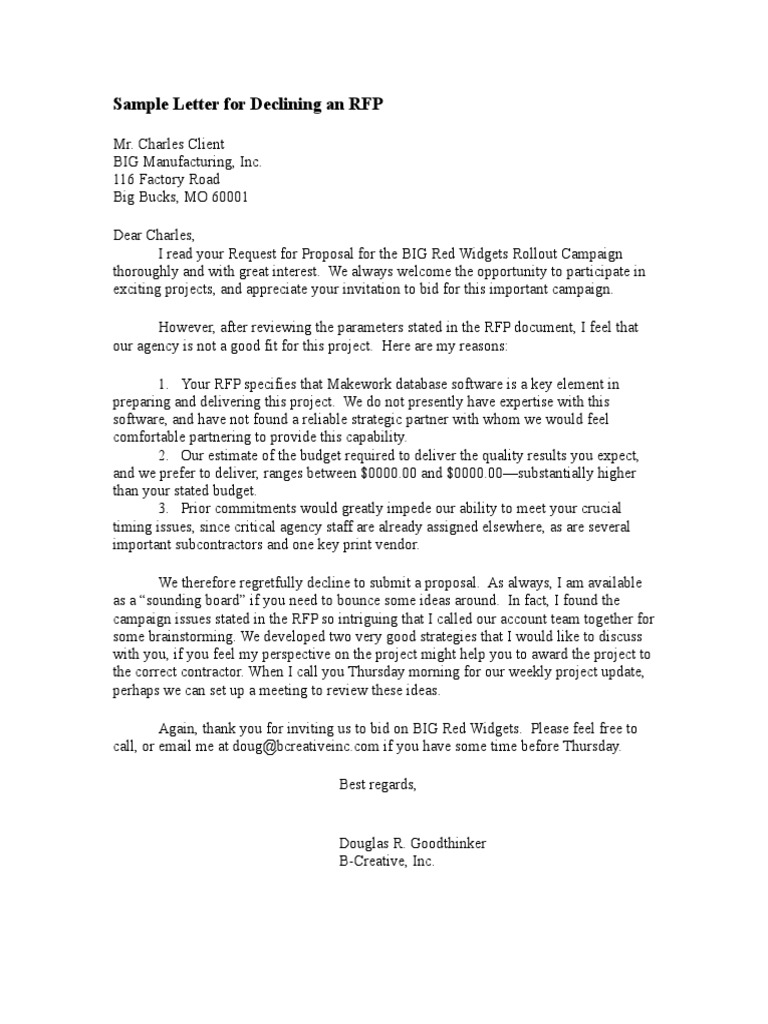 Decline RFP Letter PDF Request For Proposal Business
