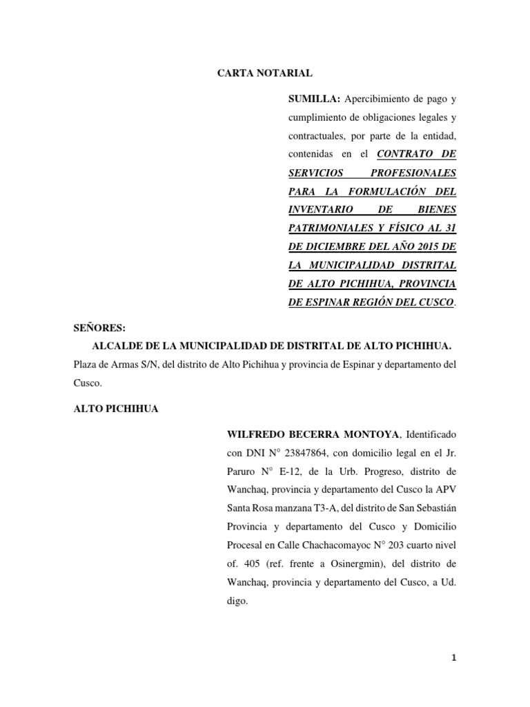 Carta Notarial SUMILLA: Apercibimiento de pago y  Ley de 