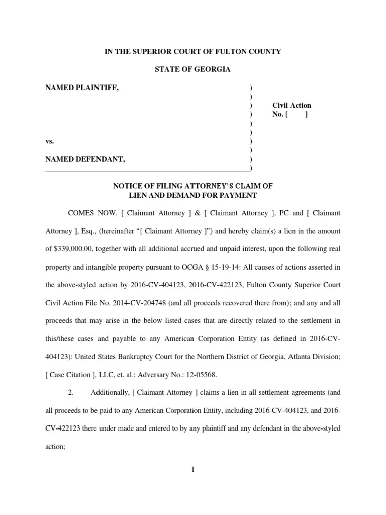 Form Notice of Attorney's Fees OCGA Sec. 9-15-14 | Settlement