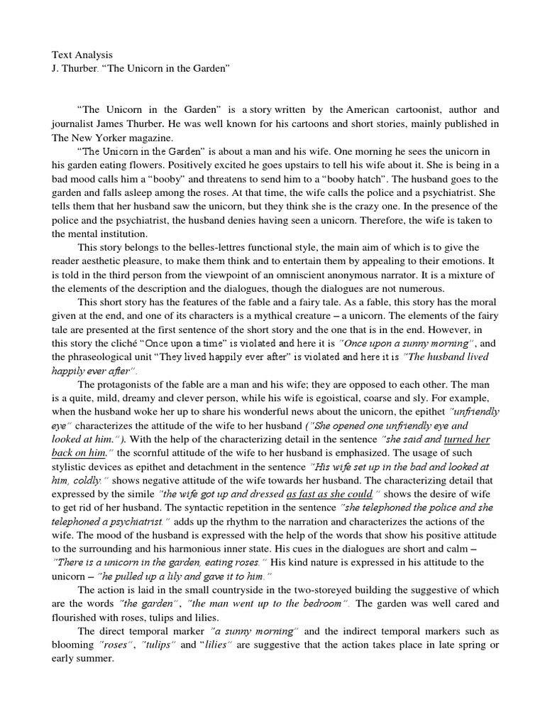 A Stylistic Analysis of A Fable The Unicorn in The Garden by J. Thurber