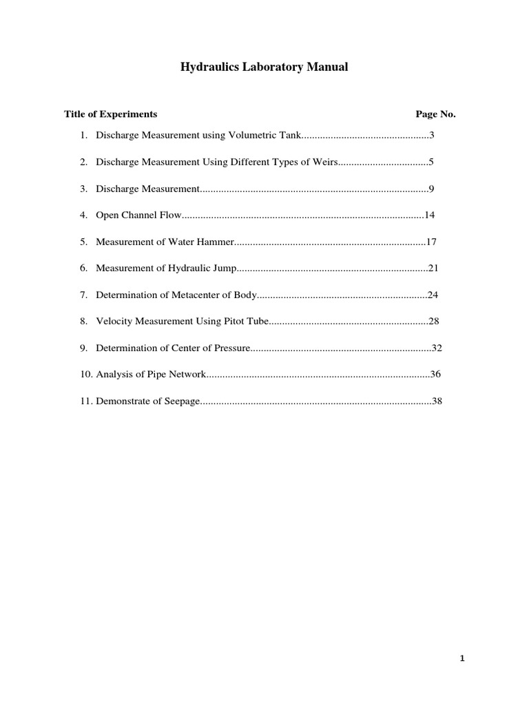 Hydraulics Laboratory Manual Title of Experiments Page No PDF