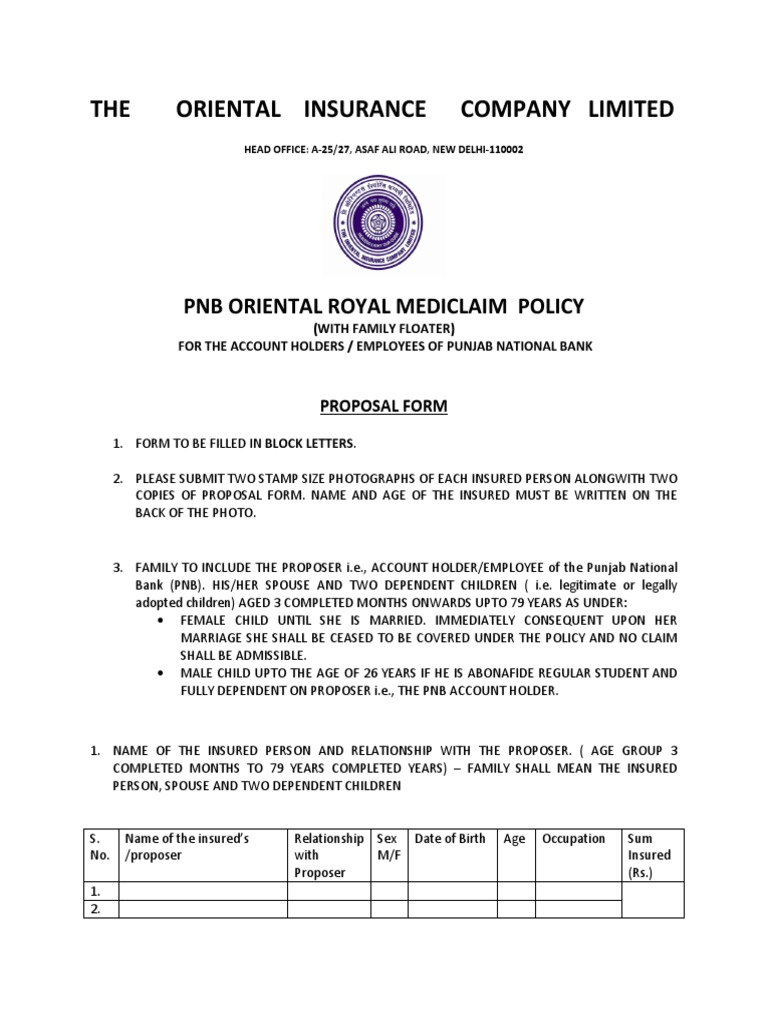 The Oriental Insurance Company Limited PNB Oriental Royal Mediclaim