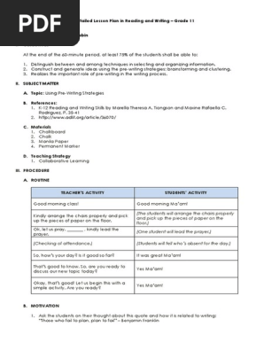 A Detailed Lesson Plan in Reading and Writing – Grade 11