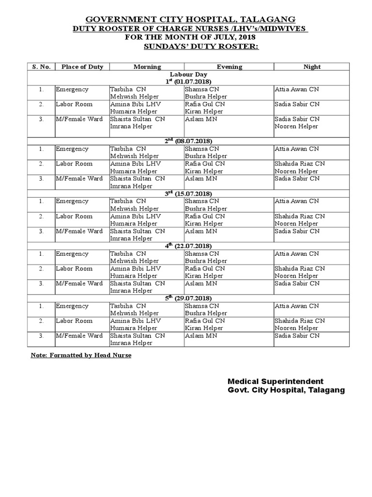 July 2018 Nursing Duty Roster | PDF | Hospital | Nursing
