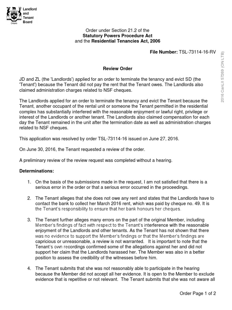 Review Order 2016canlii57269 | PDF | Leasehold Estate | Eviction