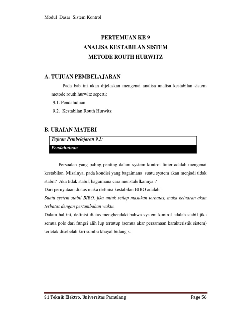 Kestabilan Sistem: Metode Routh Hurwitz | PDF