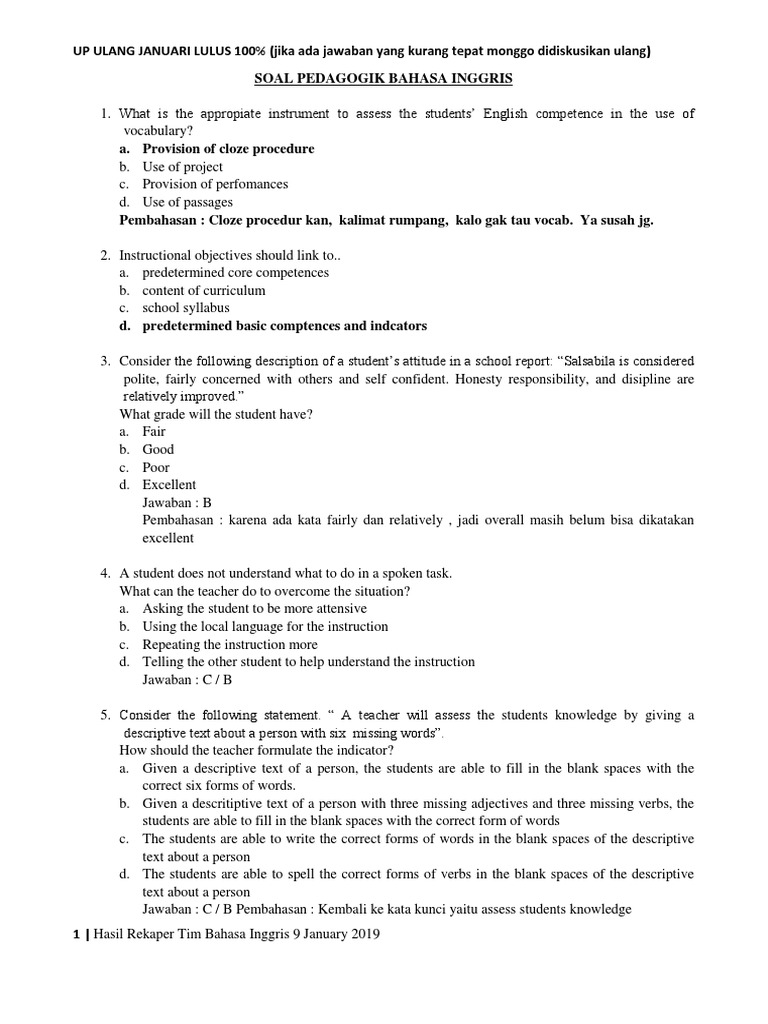 Soal Pedagogik English Standardized Tests Educational Assessment